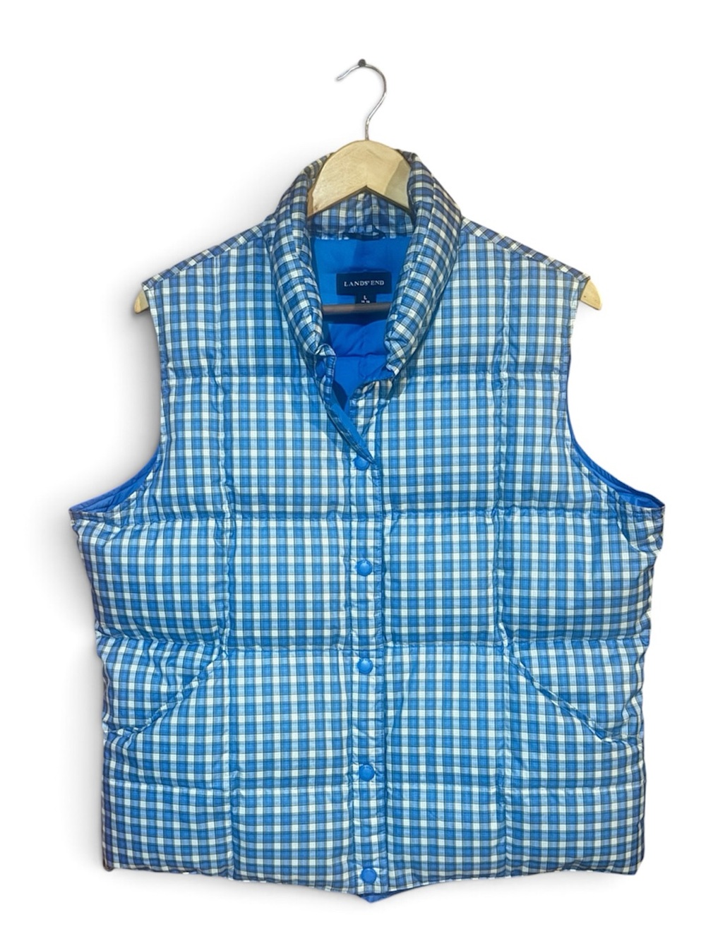 LANDS’ END Blue Plaid Down Quilted Puffer Vest Large 12-14